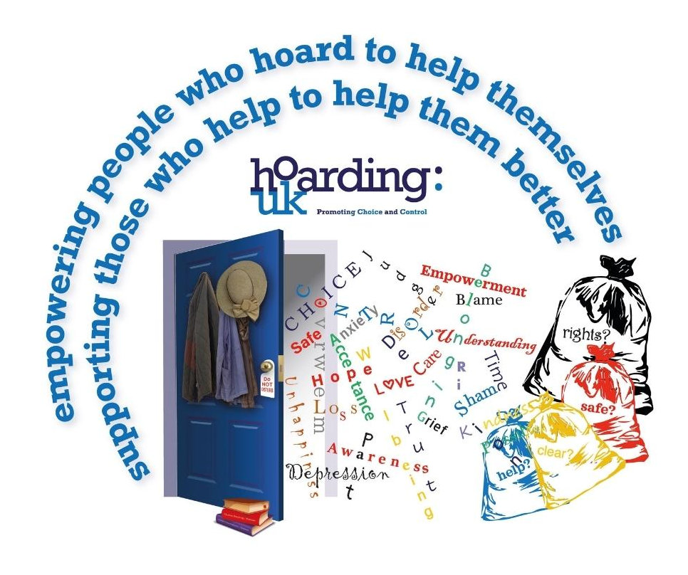 Image of door opening with words coming out with caption empowering people who hoard to help themselves. Donate to HoardingUK